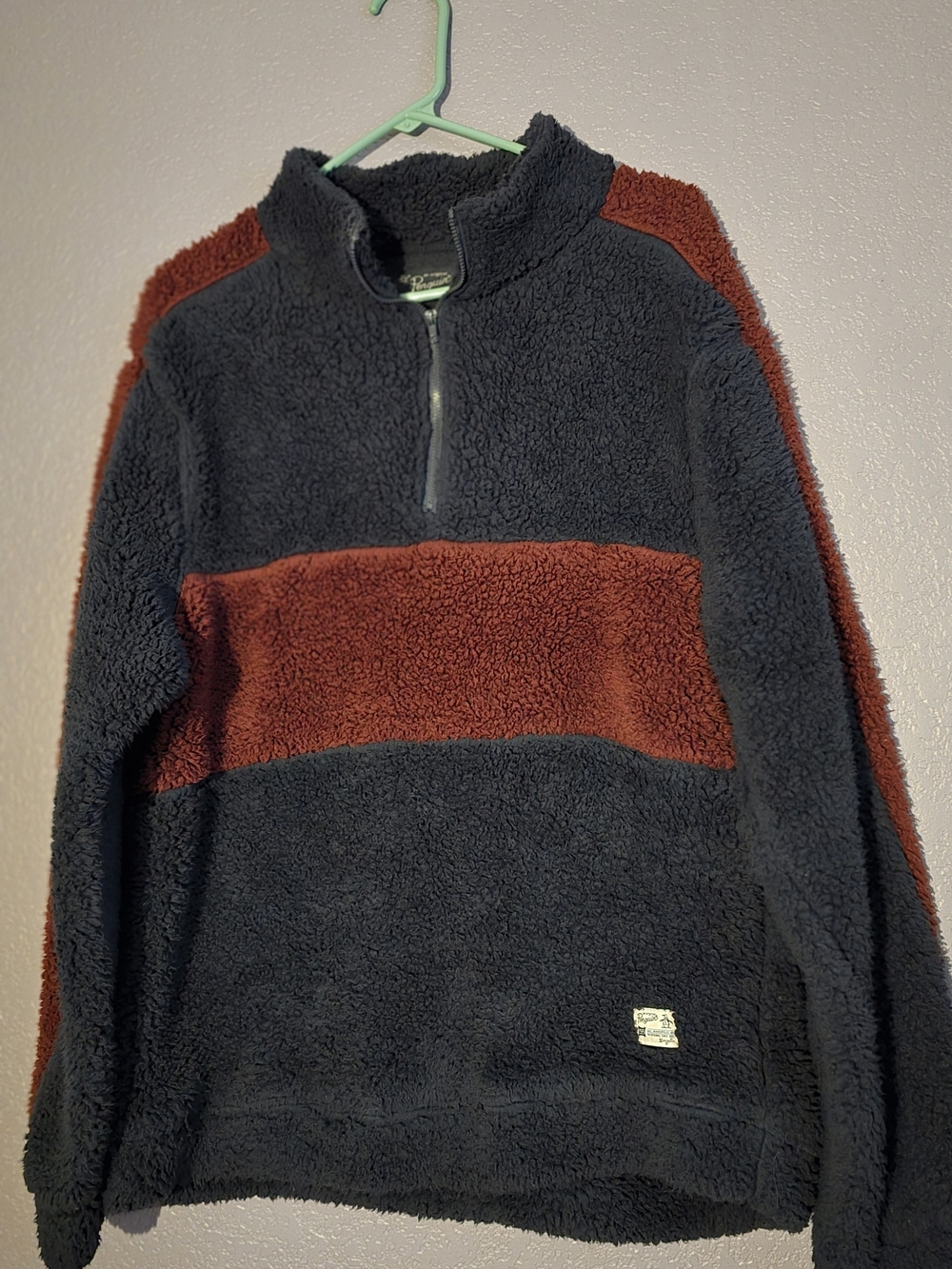 Original Penguin Men's Navy Sherpa Half-Zip with Rust Stripe